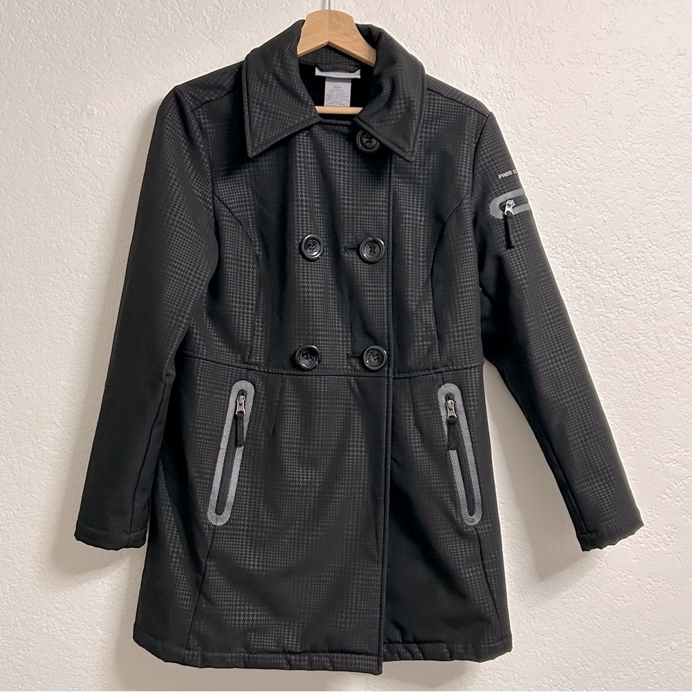 Free Country Black Houndstooth Fleece Lined Trench Coat, Size S